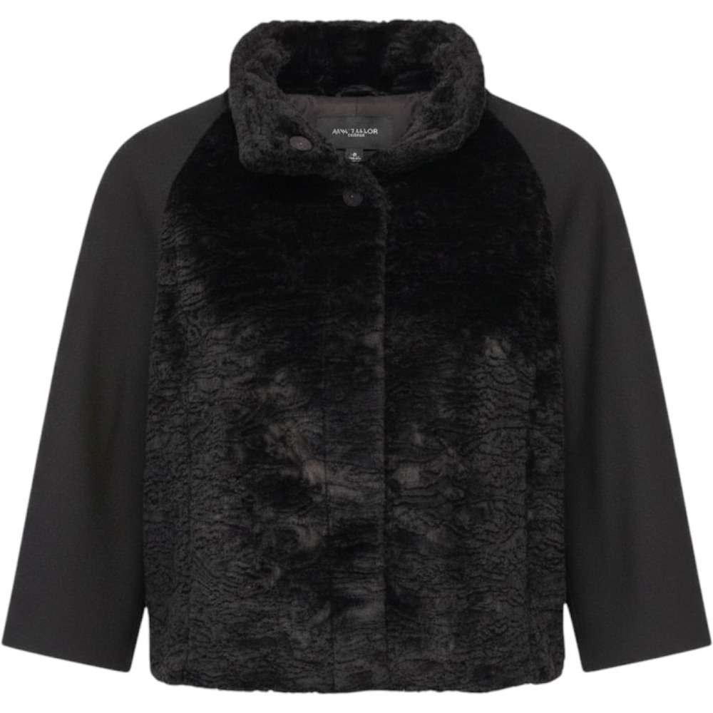 Ann Taylor Black Faux Fur Mixed Media Wool Blend Snap Front Jacket XS